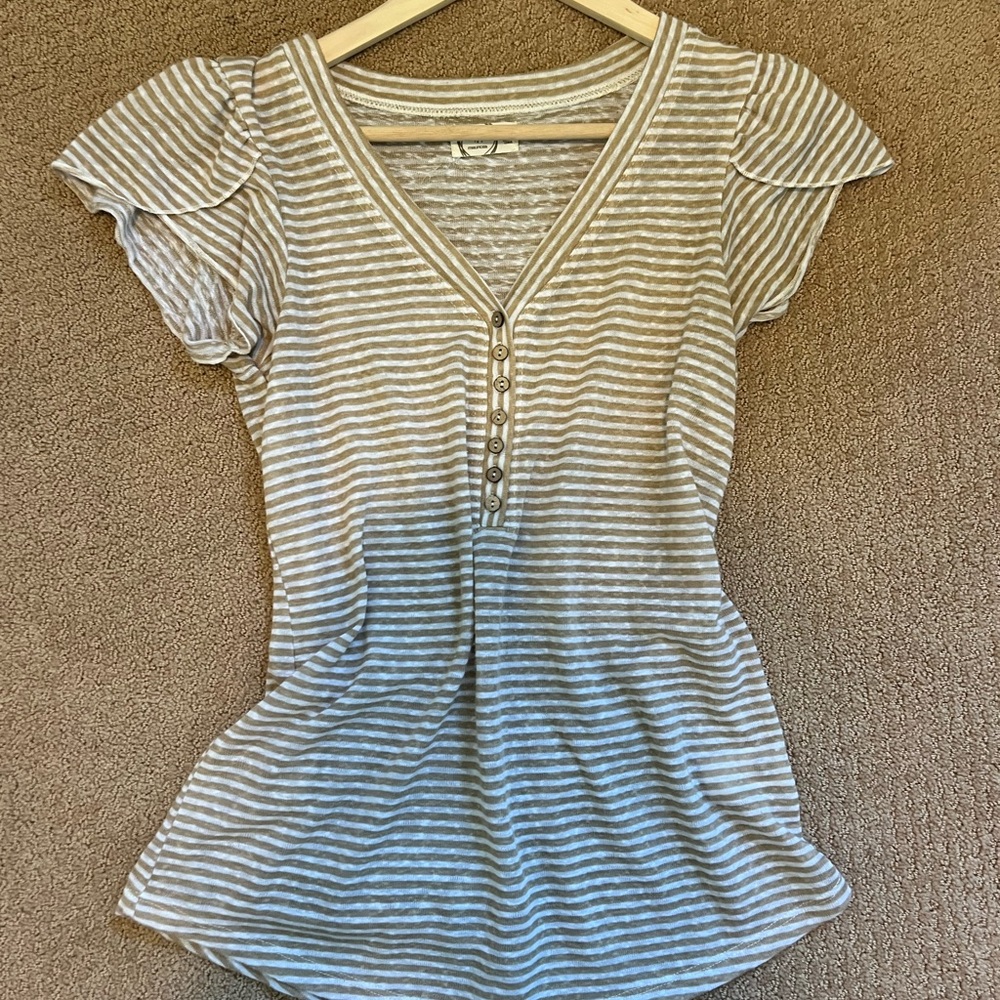 Maurices Tan and White Striped Buttoned Blouse